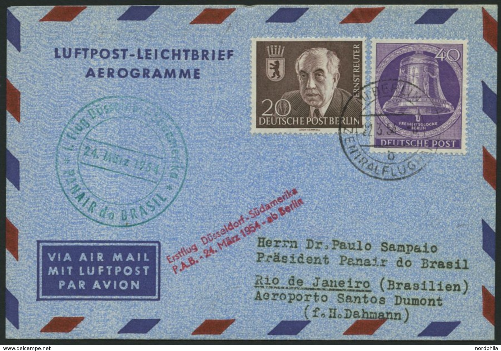 ERST-UND ERÖFFNUNGSFLÜGE 2461 BRIEF, 24.3.54, Düsseldorf-Rio De Janeiro, Ab Berlin, Frankiert Mit Nr. 105, Prachtbrief - Storia Postale