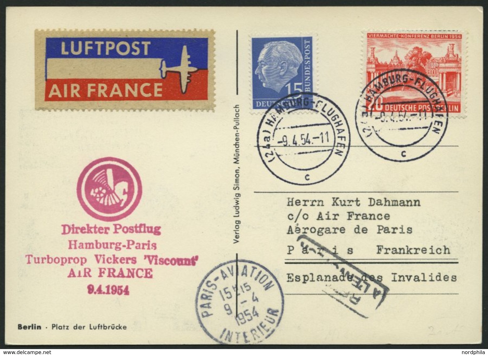 ERST-UND ERÖFFNUNGSFLÜGE 2464 BRIEF, 9.4.54, Hamburg-Paris, Prachtkarte - Storia Postale