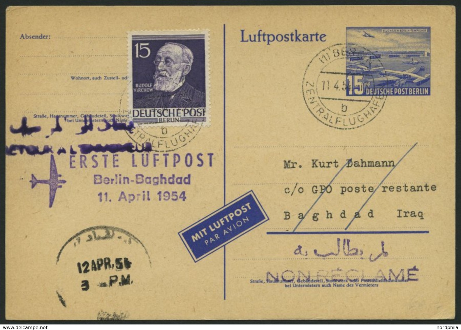 ERST-UND ERÖFFNUNGSFLÜGE 2470A BRIEF, 11.4.54, Berlin-Baghdad, Prachtkarte - Storia Postale