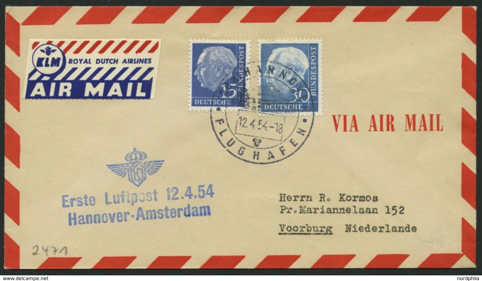 ERST-UND ERÖFFNUNGSFLÜGE 2471 BRIEF, 12.4.54, Hannover-Amsterdam, Blauer Gesellschaftsstempel, Prachtbrief - Storia Postale