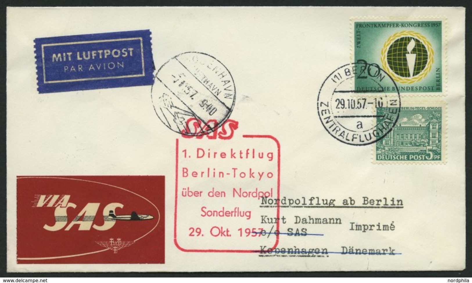 ERST-UND ERÖFFNUNGSFLÜGE 29.10.57, Berlin-Tokyo, 1. Direktflug über Den Nordpol Bis Kopenhagen, Prachtbrief, R! (nur 100 - Storia Postale