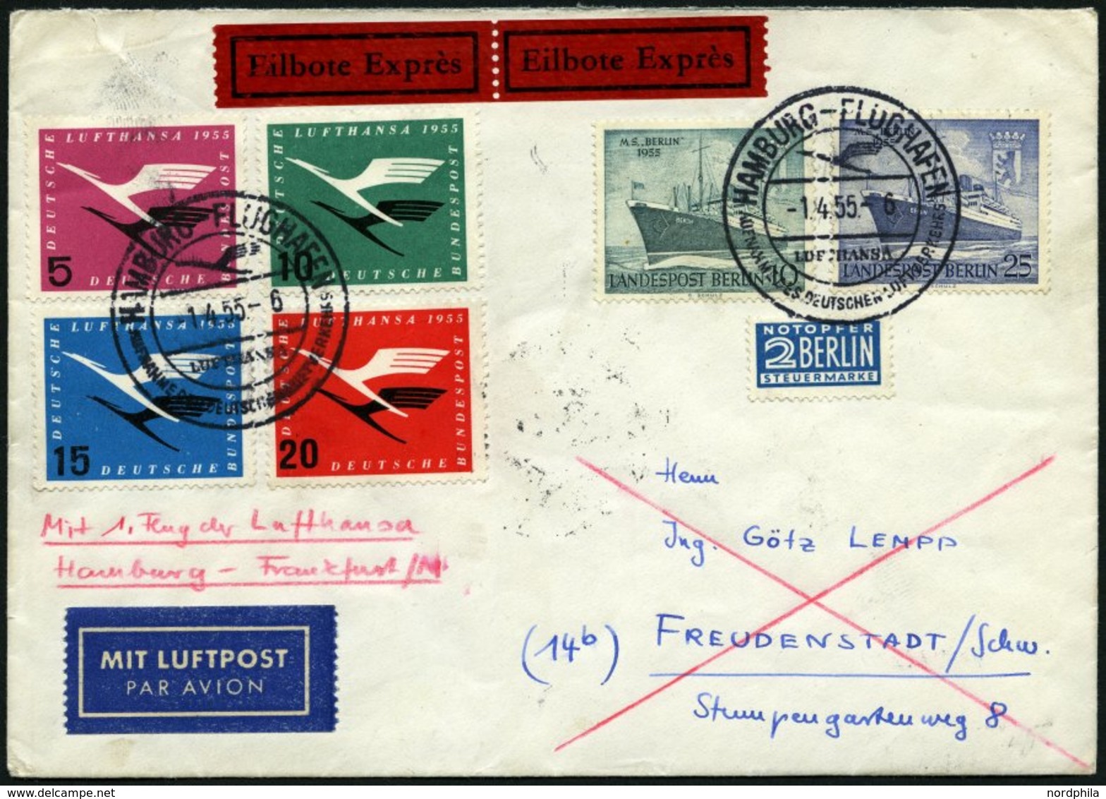 LUFTHANSA - ERSTFLÜGE 2 BRIEF, 1.4.1955, Eröffnung Des Innerdeutschen Flugverkehrs Mit Convair CV-240, HAMBURG-FRANKFURT - Storia Postale