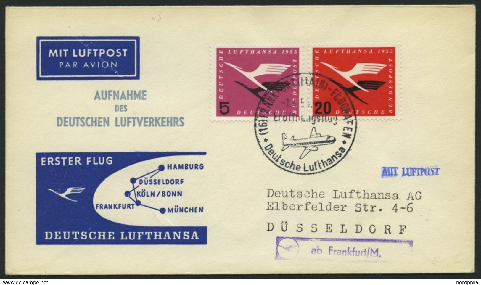 DEUTSCHE LUFTHANSA 12 BRIEF, 1.4.1955, Frankfurt-Düsseldorf, Prachtbrief - Storia Postale