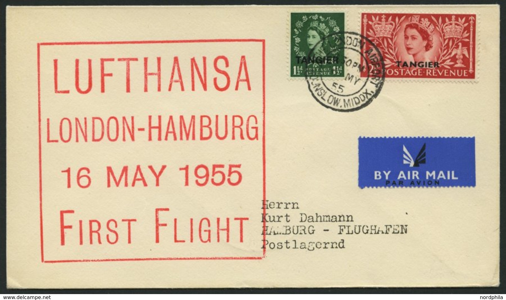 DEUTSCHE LUFTHANSA 25 BRIEF, 16.5.1955, London-Hamburg, Brit.Post In Tanger Mi.Nr. 61 Und 76, Prachtbrief - Brieven En Documenten