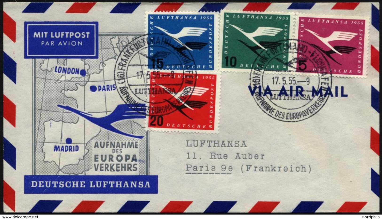 DEUTSCHE LUFTHANSA 32 BRIEF, 17.5.1955, Frankfurt-Paris, Prachtbrief - Storia Postale