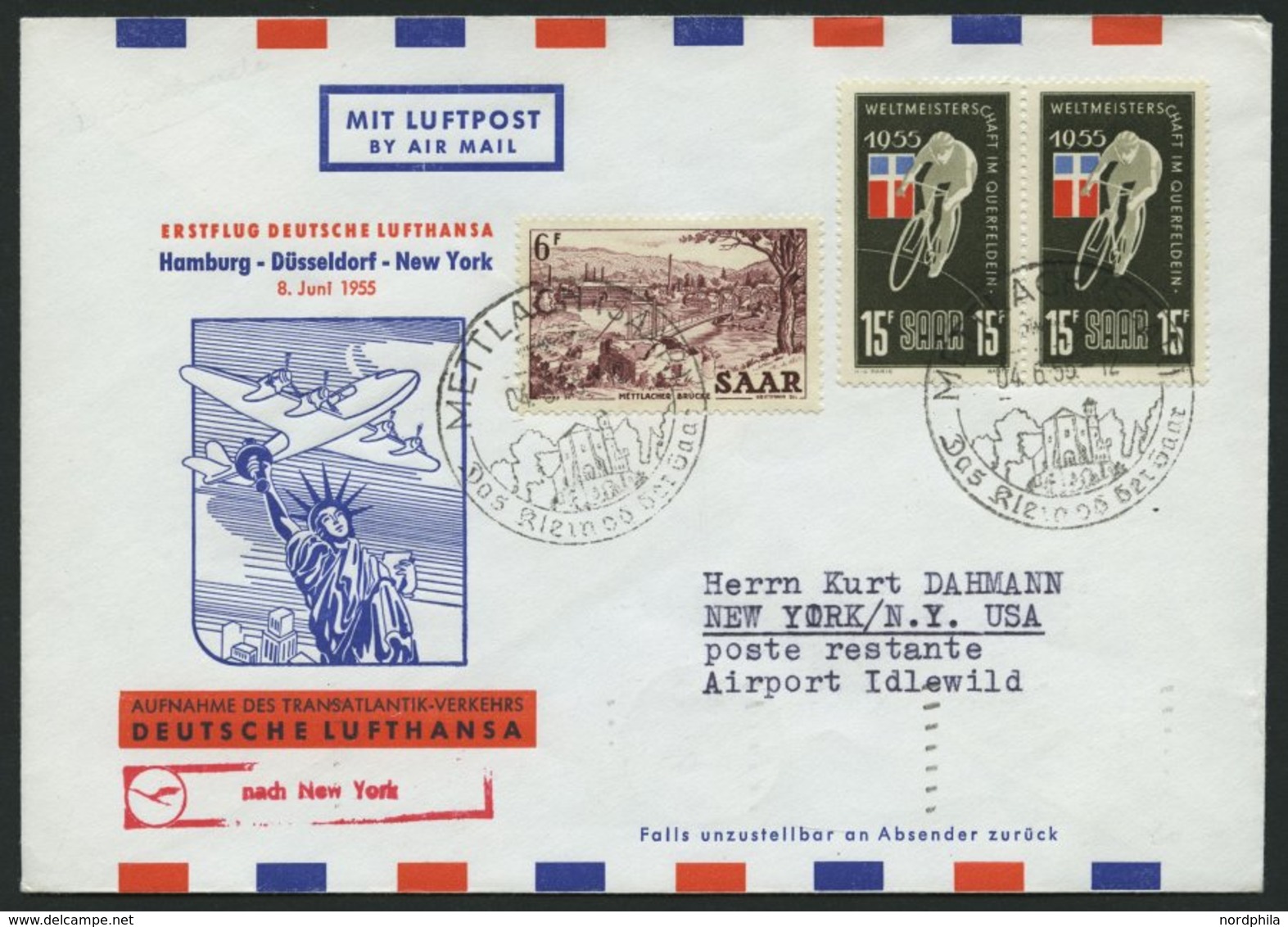 DEUTSCHE LUFTHANSA 34 BRIEF, 8.6.1955, Hamburg-New York, Frankiert Mit Saarland Mi.Nr. 324 Und 2x 357, Prachtbrief - Storia Postale