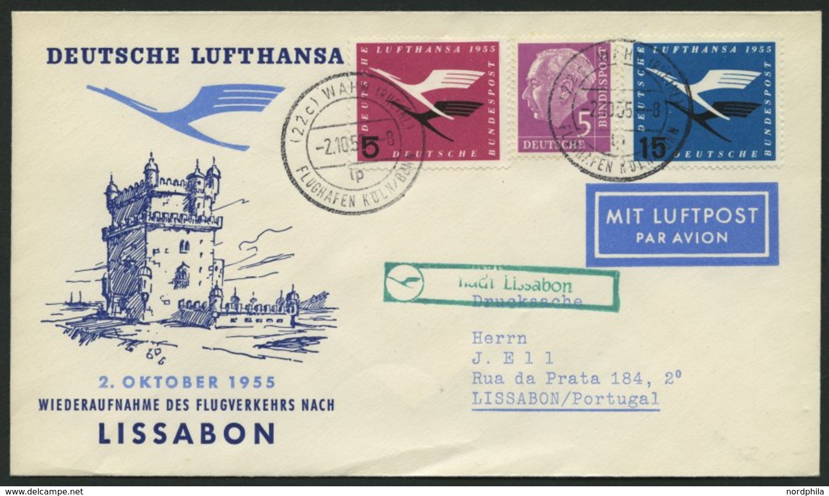 DEUTSCHE LUFTHANSA 45 BRIEF, 2.10.1955, Köln/Wahn-Lissabon, Prachtbrief - Covers & Documents