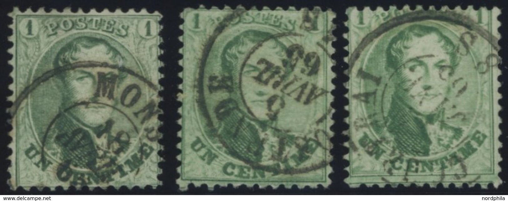 BELGIEN 10B O, 1863, 1 C. Blaugrün, Gezähnt B, 3 Prachtwerte In Nuancen Mit Verschiedenen Ortsstempeln, Pracht, Mi. 120. - Other & Unclassified