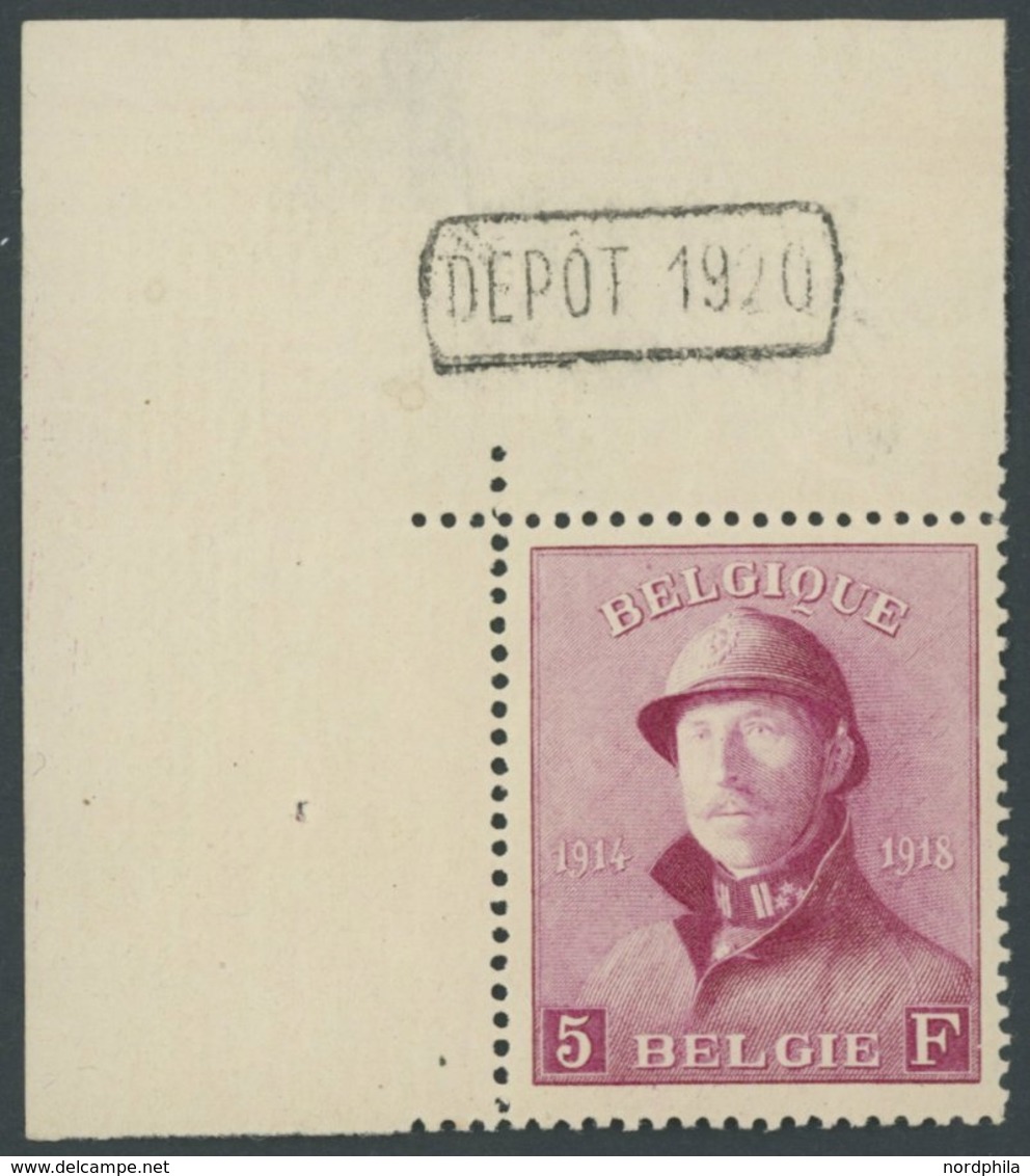 BELGIEN 157 *, 1919, 5 Fr. Lilarot, Obere Linke Bogenecke Mit Randdruck DEPOT 1920, Falzrest, Marke Pracht - Other & Unclassified