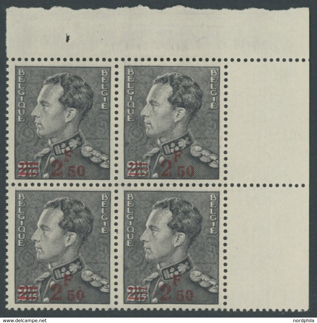 BELGIEN 479 VB **, 1938, 2.50 Fr. Auf 2.45 Fr. König Leopold III Im Oberen Rechten Eckrandviererblock, Pracht, Mi. (120. - Andere & Zonder Classificatie