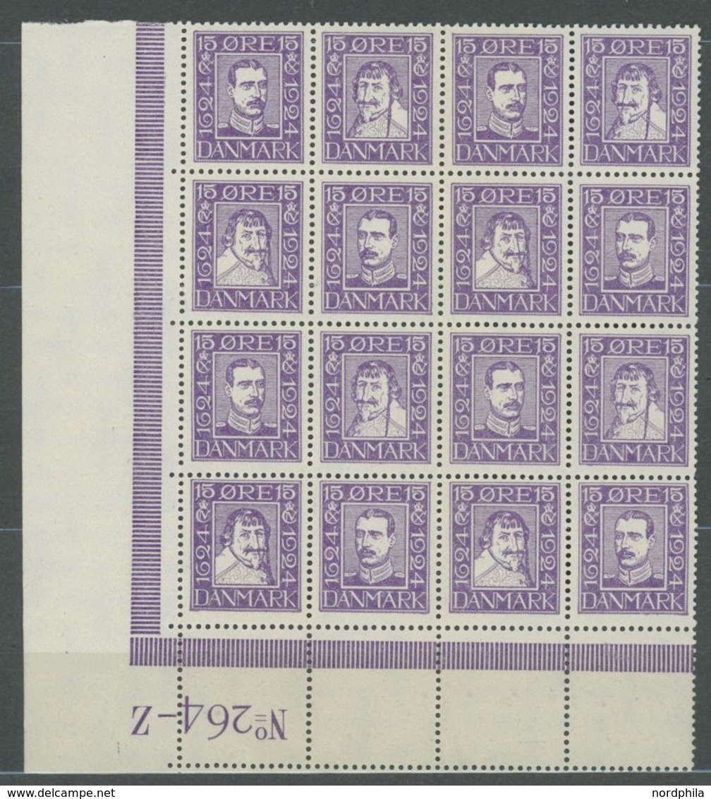 DÄNEMARK 131-42 **, 1924, 300 Jahre Dänische Post, Je Im Bogenteil Von 16 Stück (=4 Viererblocksätze), 15 Ø Aus Der Boge - Gebruikt