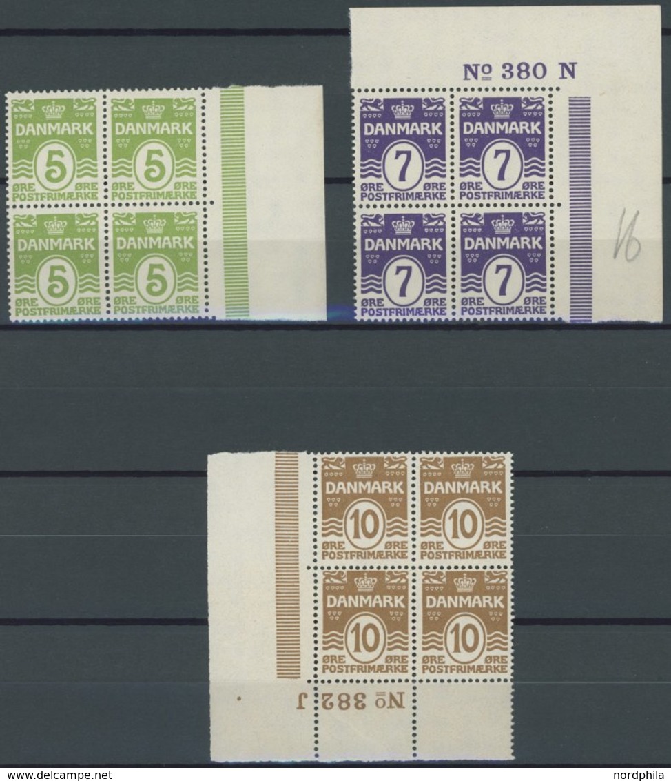 DÄNEMARK 182-84 VB **, 1930, Ziffer Im Oval In Randviererblocks, 7 Und 10 Ø Mit Plattennummern, Postfrisch, Pracht - Used Stamps