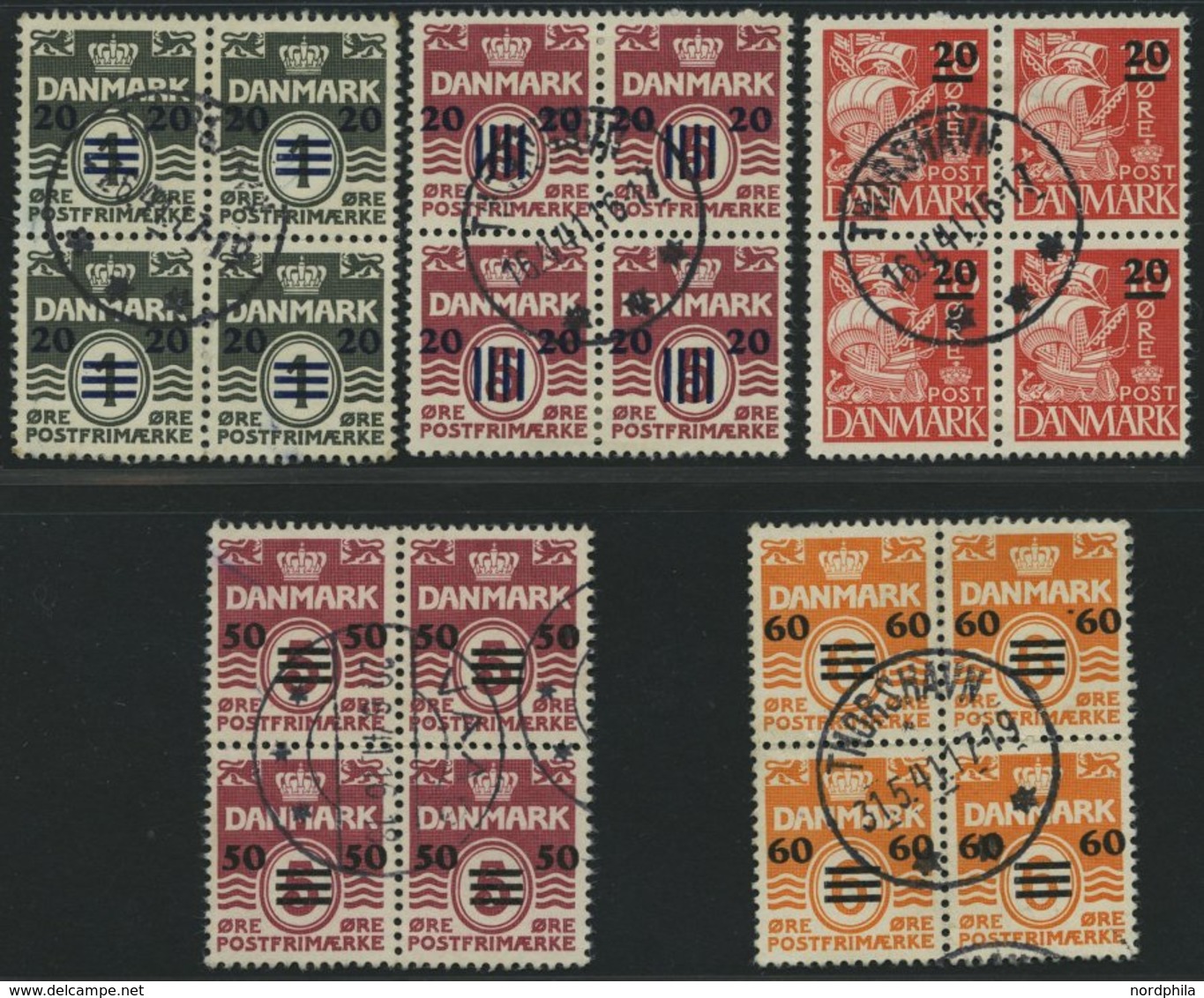 FÄRÖER 2-6 VB O, 1940/1, Britische Besetzung In Zentrisch Gestempelten Viererblocks, Prachtsatz, Fotoattest L. Nielsen - Andere & Zonder Classificatie