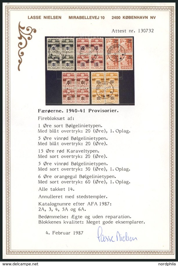 FÄRÖER 2-6 VB O, 1940/1, Britische Besetzung In Zentrisch Gestempelten Viererblocks, Prachtsatz, Fotoattest L. Nielsen - Other & Unclassified