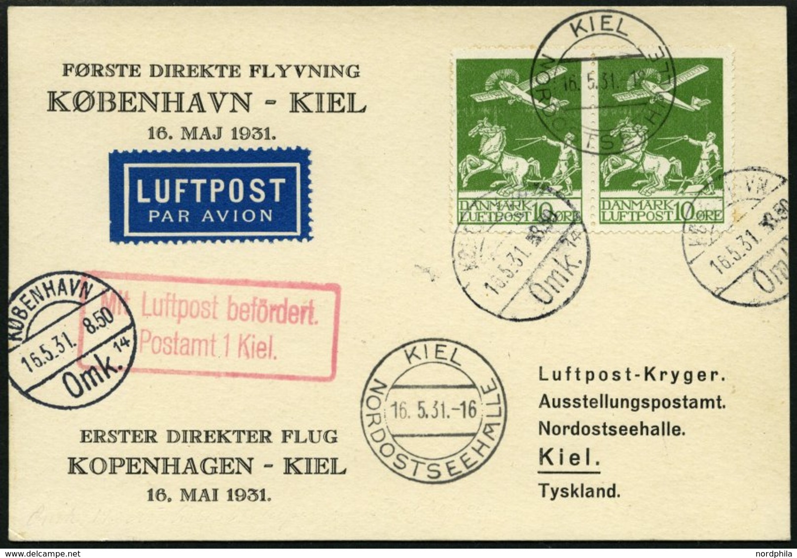 ERSTFLÜGE 16.5.1931, Erster Direktflug Kopenhagen-Kiel, Frankiert Mit Waagerechtem Paar Nr. 143, Seltener Ankunftsstempe - Andere & Zonder Classificatie