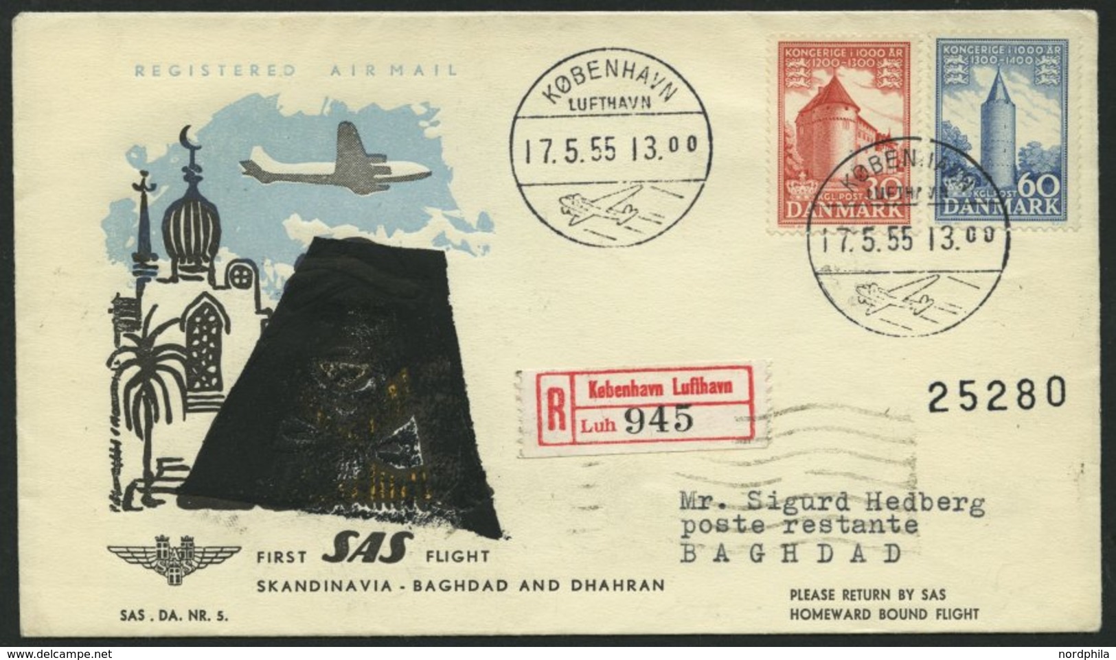 ERSTFLÜGE 17.5.1955, Kopenhagen-Baghdad, Kuvert Mit überdrucktem Araber, Pracht, RR! - Sonstige & Ohne Zuordnung