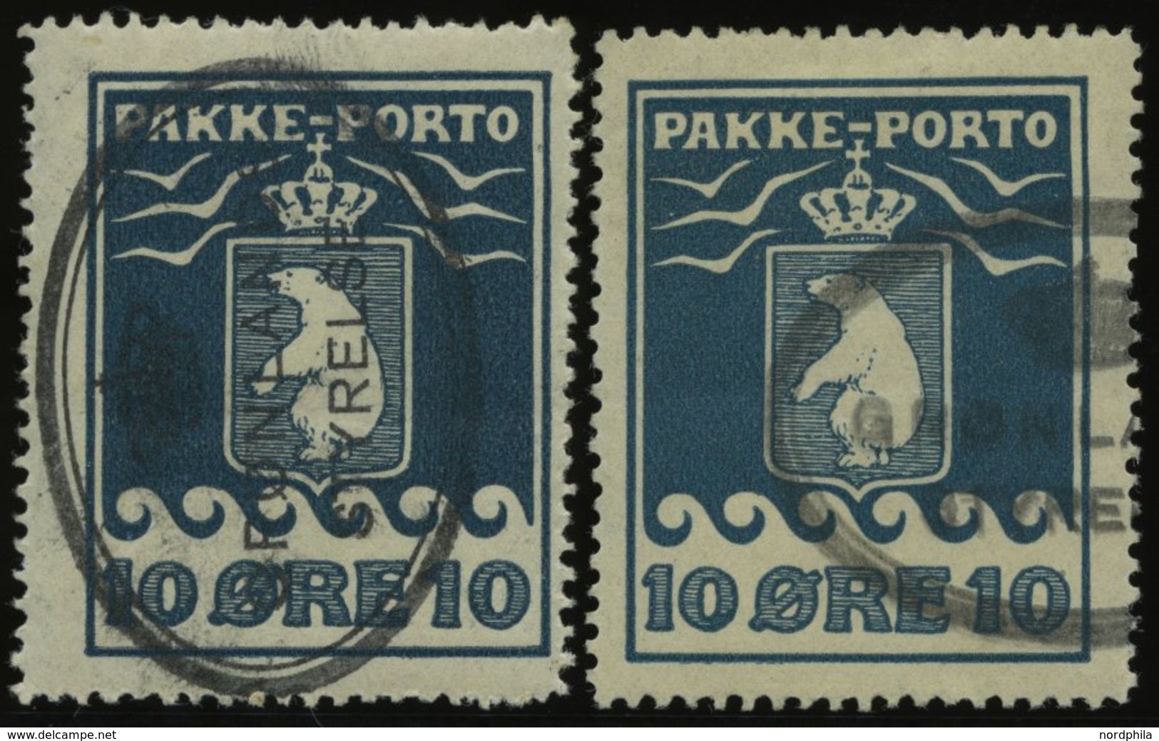 GRÖNLAND - PAKKE-PORTO 7A O, 1928/31, 10 Ø Blau Und Grünblau, Gezähnt L 111/4, (Facit P 7III Und IV), 2 Werte üblich Gez - Spoorwegzegels