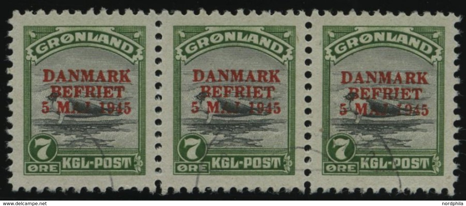 GRÖNLAND - DÄNISCHE POST 19 O, 1945, 7 Ø DANMARK/BEFRIET Im Waagerechten Dreierstreifen, Pracht, Mi. (240.-) - Autres & Non Classés