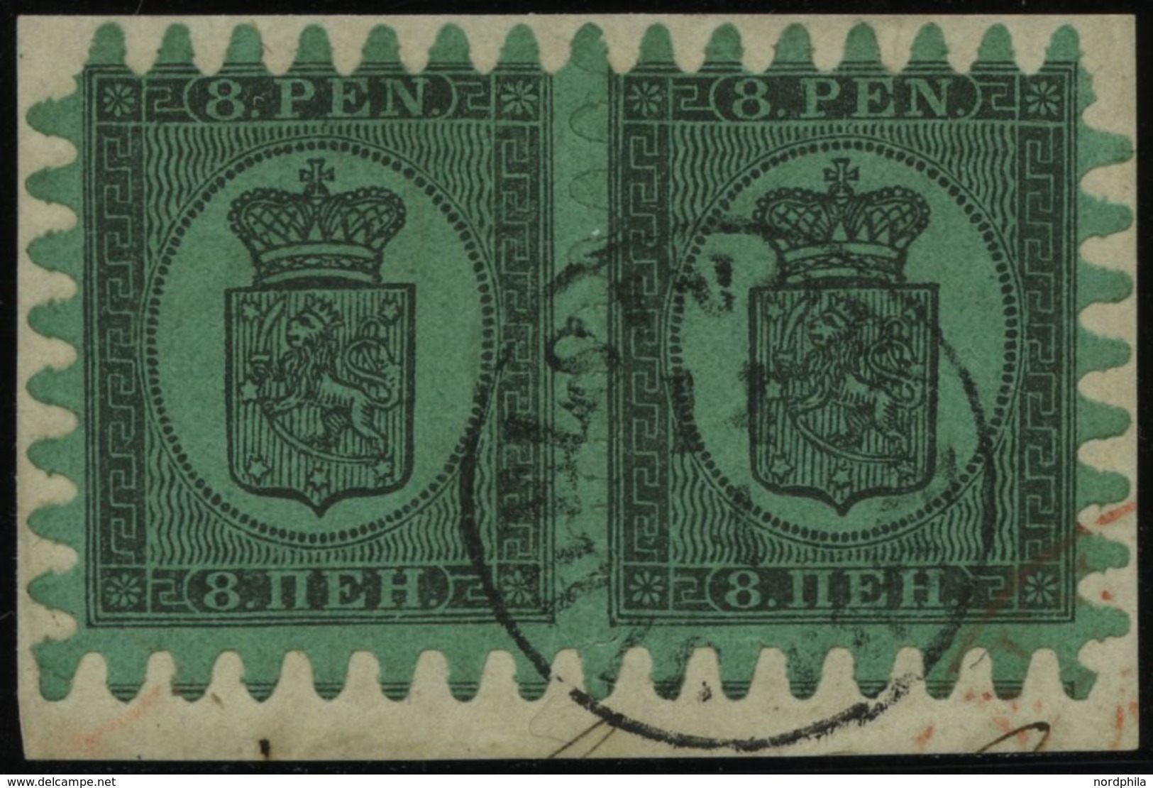 FINNLAND 6Cx Paar BrfStk, 1867, 8 P. Schwarz Auf Grün Im Waagerechten Paar Auf Briefstück, K1 HELSINGFORS, Bis Auf Eine  - Andere & Zonder Classificatie