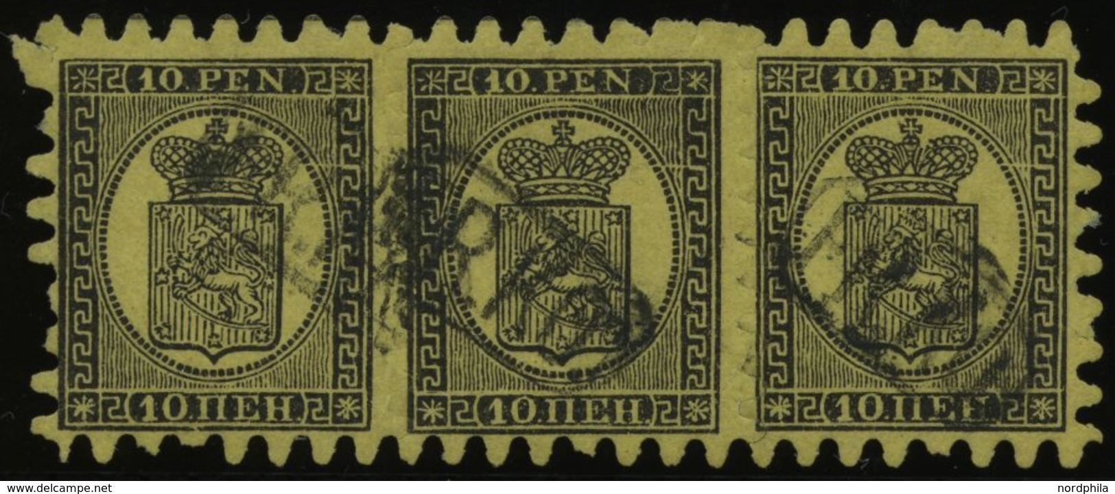 FINNLAND 7By O, 1870, 10 P. Schwarz Auf Sämisch Im Waagerechten Dreierstreifen, R1 FR.KO., Linke Marke Einige Kurze Zung - Other & Unclassified