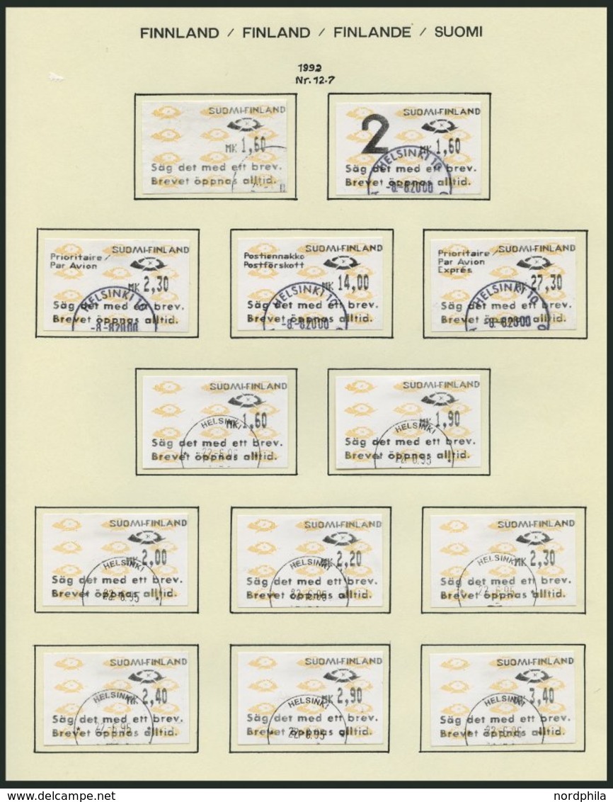 FINNLAND A 12 o, Automatenmarken: 1992, 89 verschiedene Werte, fast nur komplette Ausgaben, Pracht, Mi. 550.-