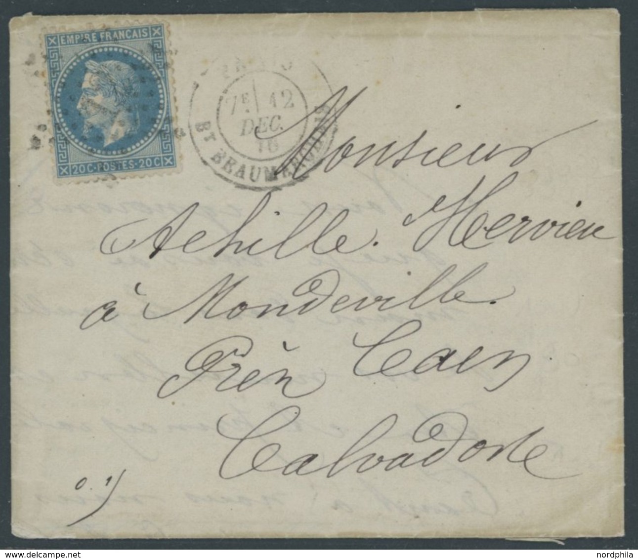 FRANKREICH 28 BRIEF, 1870, Ballon Monte La Ville De Paris, Frankiert Mit 20 C. Blau Nach CAEN, Vollständiger Faltbrief,  - Other & Unclassified