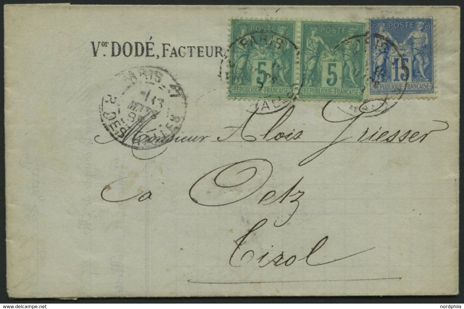 FRANKREICH 73,84II Paar BrfStk, 1889, 15 C. Blau Und 5 C. Hellgelbgrün Im Waagerechten Paar Auf Rechnung Mit K2 PARIS 17 - Sonstige & Ohne Zuordnung