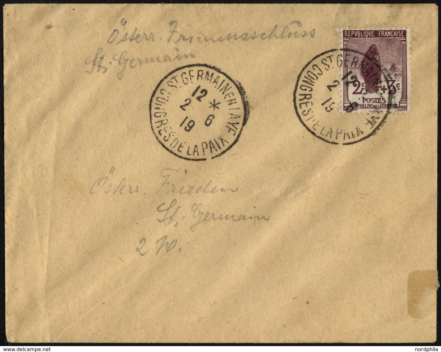 FRANKREICH 128 BRIEF, 1919, Brief Mit Sonderstempel Des Friedenskongresses In St. Germain Auf 2 C. Kriegswaisen, Pracht - Andere & Zonder Classificatie