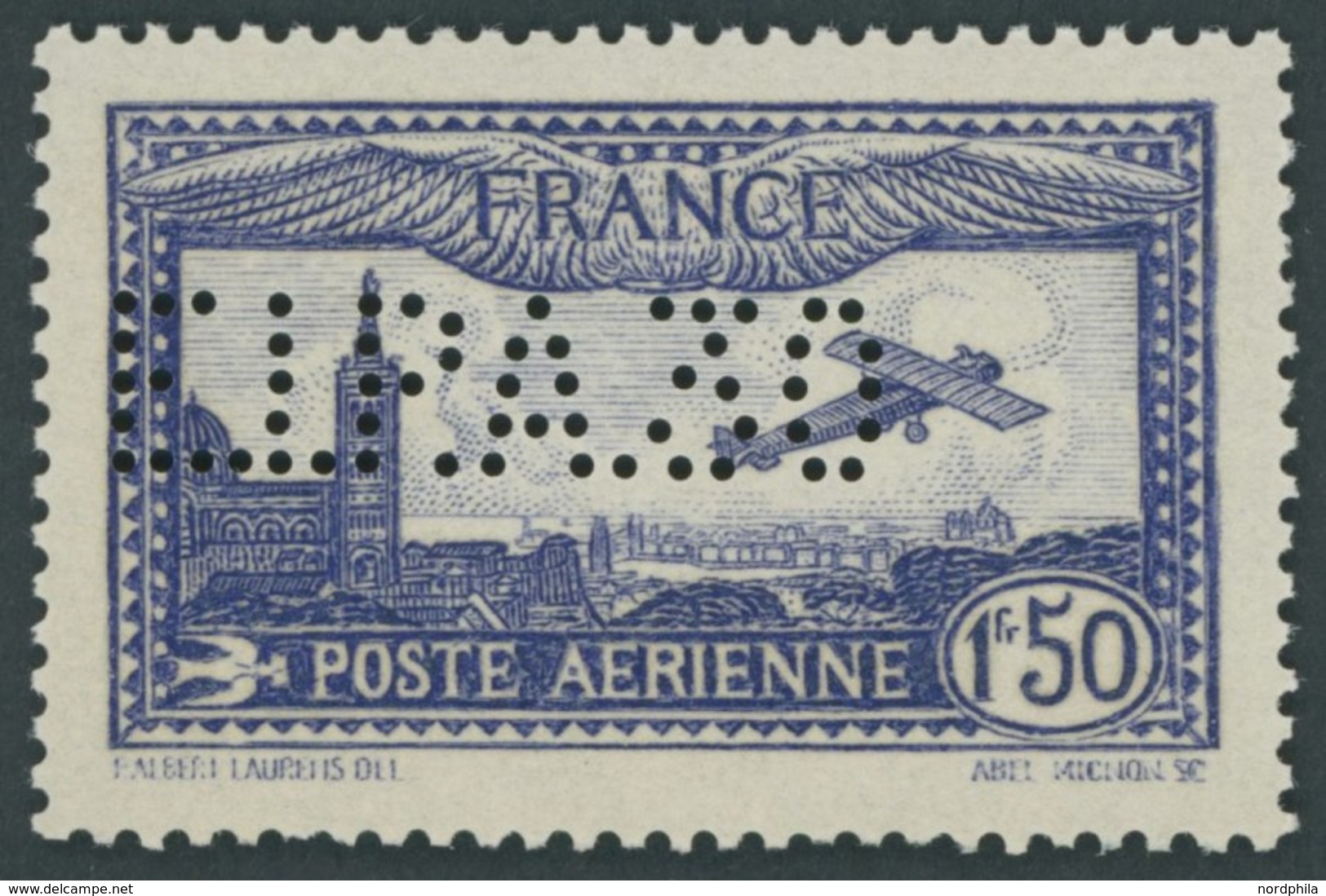 FRANKREICH 255I **, 1930, 1.50 Fr. Flugpost Mit Lochung E.I.P.A. 30, üblich Gezähnt Pracht - Andere & Zonder Classificatie