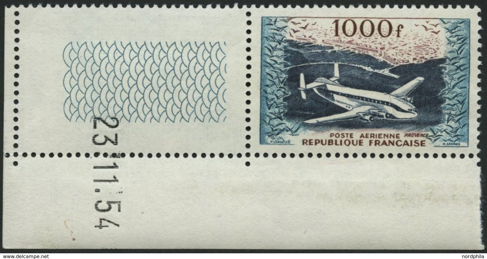 FRANKREICH 990 **, 1954, 1000 Fr. Frachtflugzeug, Bogenrand Mit Druckdatum, Pracht - Altri & Non Classificati