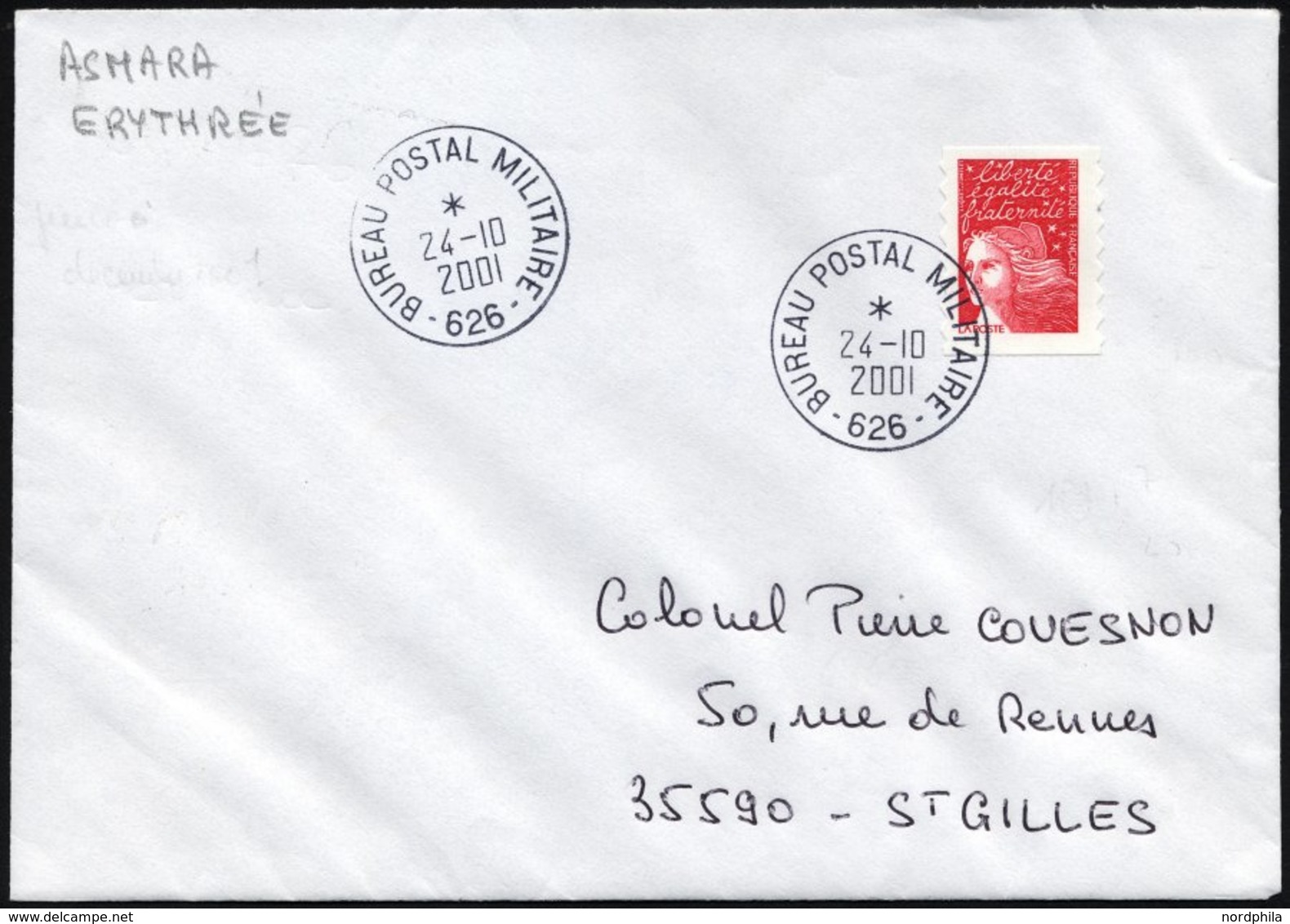 FRANKREICH FELDPOST 3558 BRIEF, 2001, Marianne Dunkelrosa Mit K1 BUREAU POSTAL MILITAIRE 626 Aus Asmara In Eritrea, Prac - Bolli Militari A Partire Dal 1900 (fuori Dal Periodo Di Guerra)