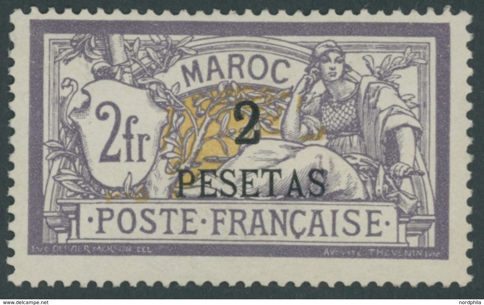 FRANZ.POST IN MAROKKO 17 *, 1902, 2 Pta. Auf 2 Fr. Violett/gelb, Falzrest, Pracht, Mi. 140.- - Andere & Zonder Classificatie