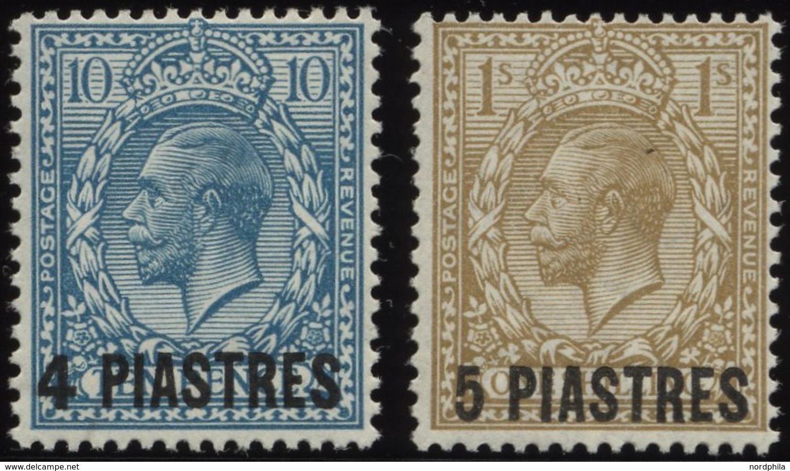 POST IN DER TÜRKEI 43/4 *, 1913, 4 Pia. Auf 10 P. Grünblau Und 5 Pia. Auf 1 Sh. Ockerbraun, Falzrest, 2 Prachtwerte, Mi. - Altri & Non Classificati