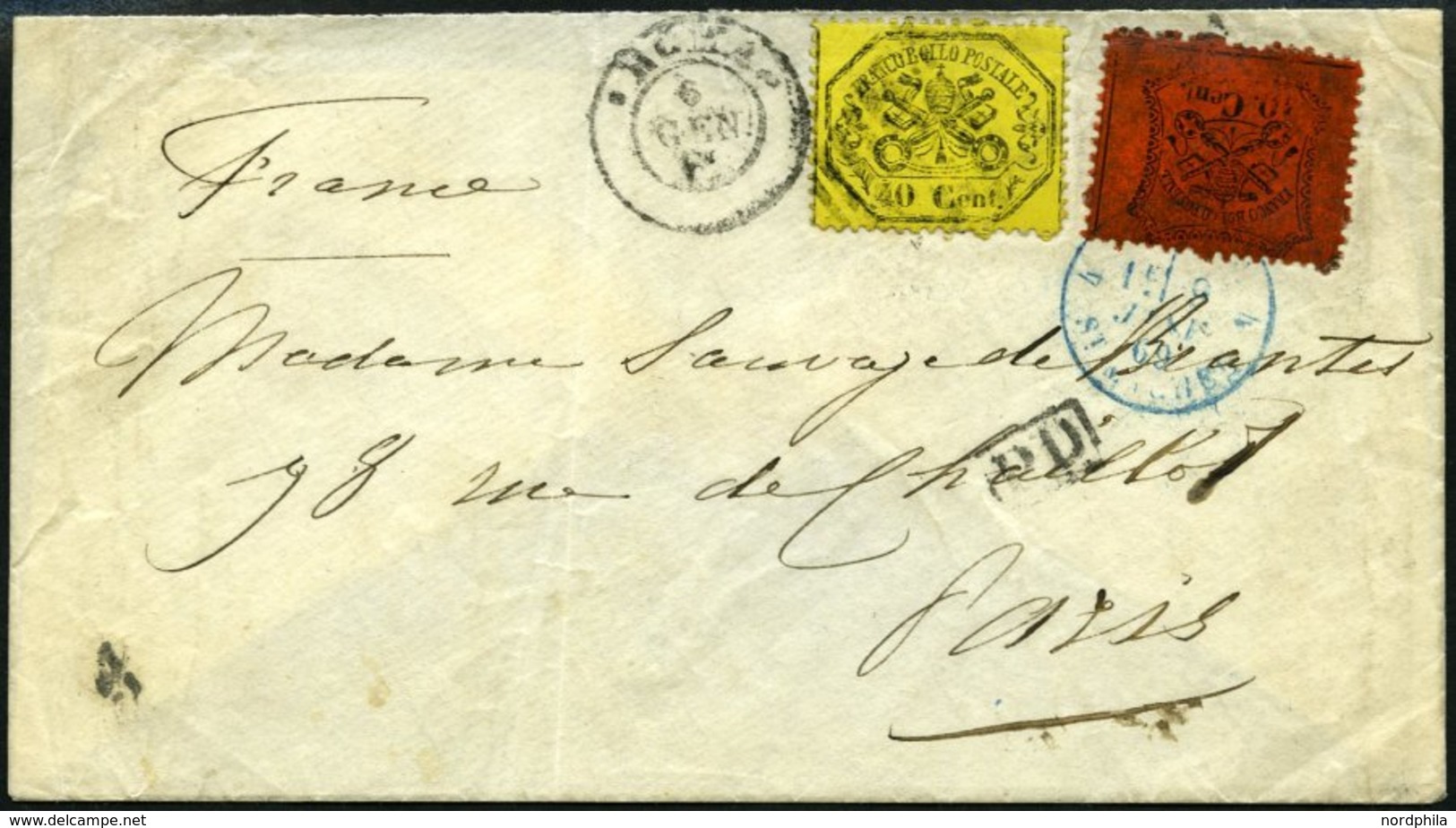 KIRCHENSTAAT 22x,24a BRIEF, 1869, 10 C. Schwarz Auf Rot, Glanzpapier Und 40 C. Schwarz Auf Hellgelb Auf Brief Von ROM Na - Estados Pontificados