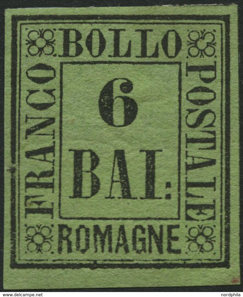 ROMAGNA 7 *, 1859, 6 Baj. Schwarz Auf Gelbgrün, Falzrest, Pracht, Gepr. Drahn, Mi. 300.- - Romagne