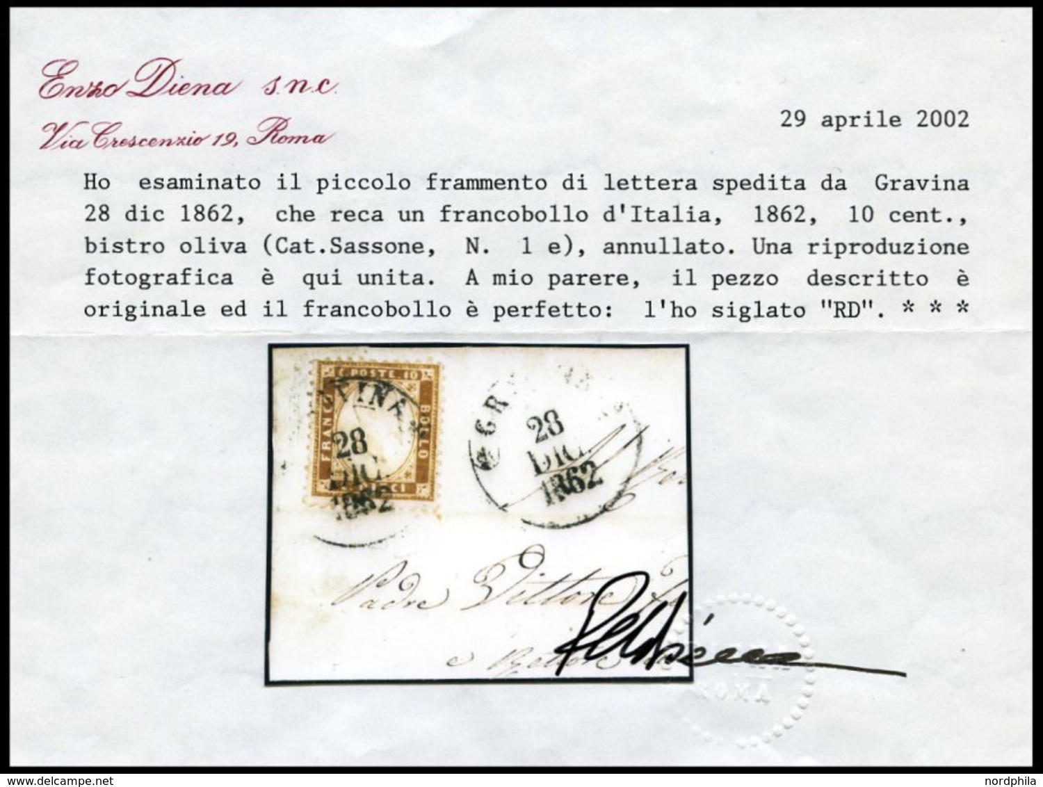 ITALIEN 9 BrfStk, 1862, 10 C. Braunoliv (Sassone Nr. 1e) Mit Stempel GRAVINA Auf Großem Briefstück, Pracht, Fotoattest E - Afgestempeld