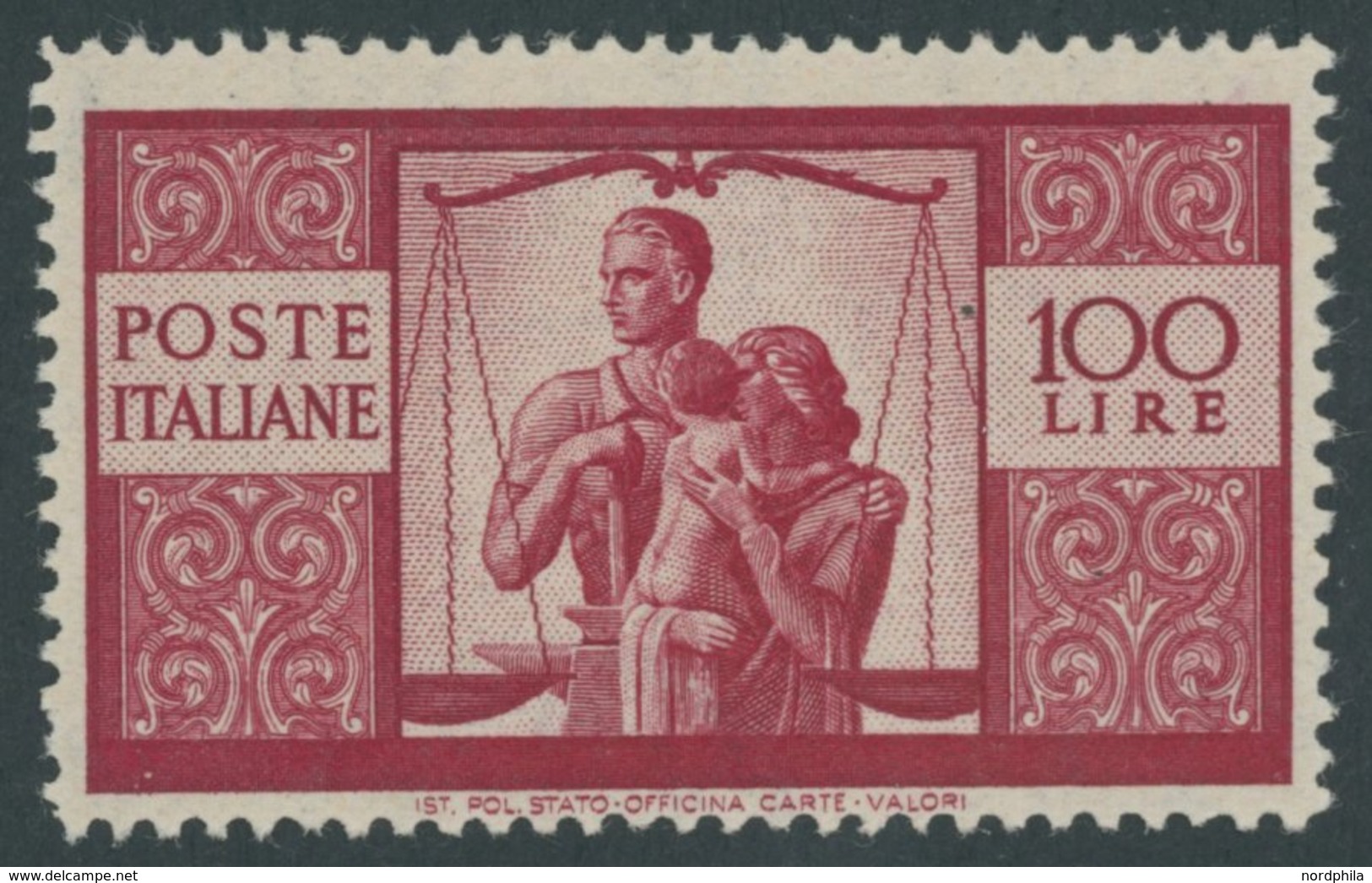 ITALIEN 704A **, 1946, 100 L. Dunkelkarmin, Gezähnt K 14, Pracht, Mi. 500.- - Usati