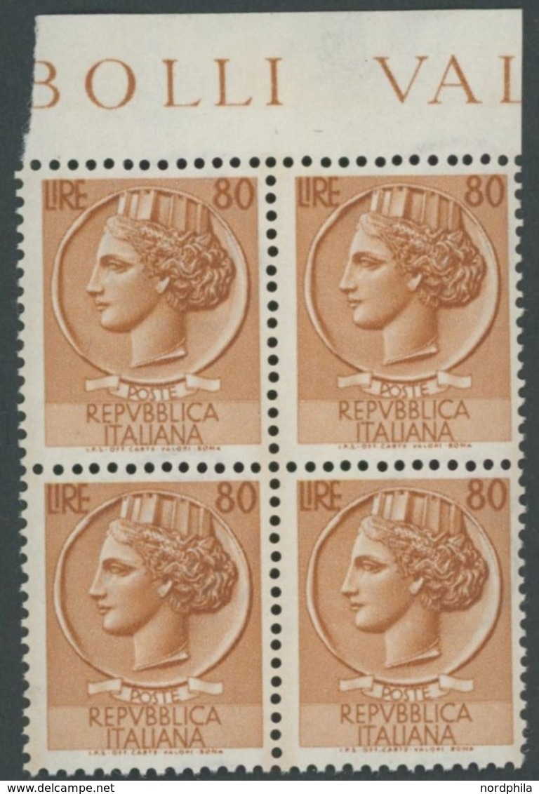 ITALIEN 891 VB **, 1953, 80 L. Orangebraun, Wz. 3, Oberrandviererblock, Postfrisch, Pracht, Mi. 480.- - Usati