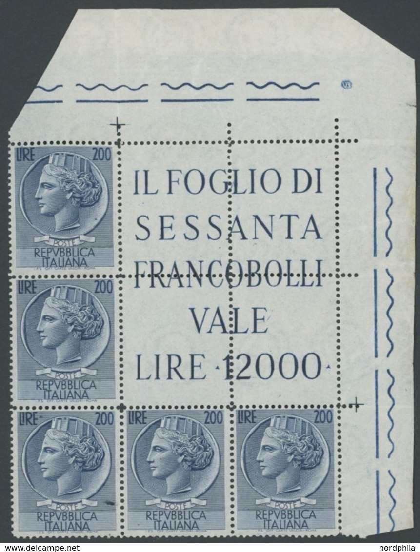 ITALIEN 921 **, 1954, 200 L. Dunkelblau, Wz. 3, Im Fünferblock Aus Der Rechten Oberen Bogenecke, Postfrisch, Pracht - Usati