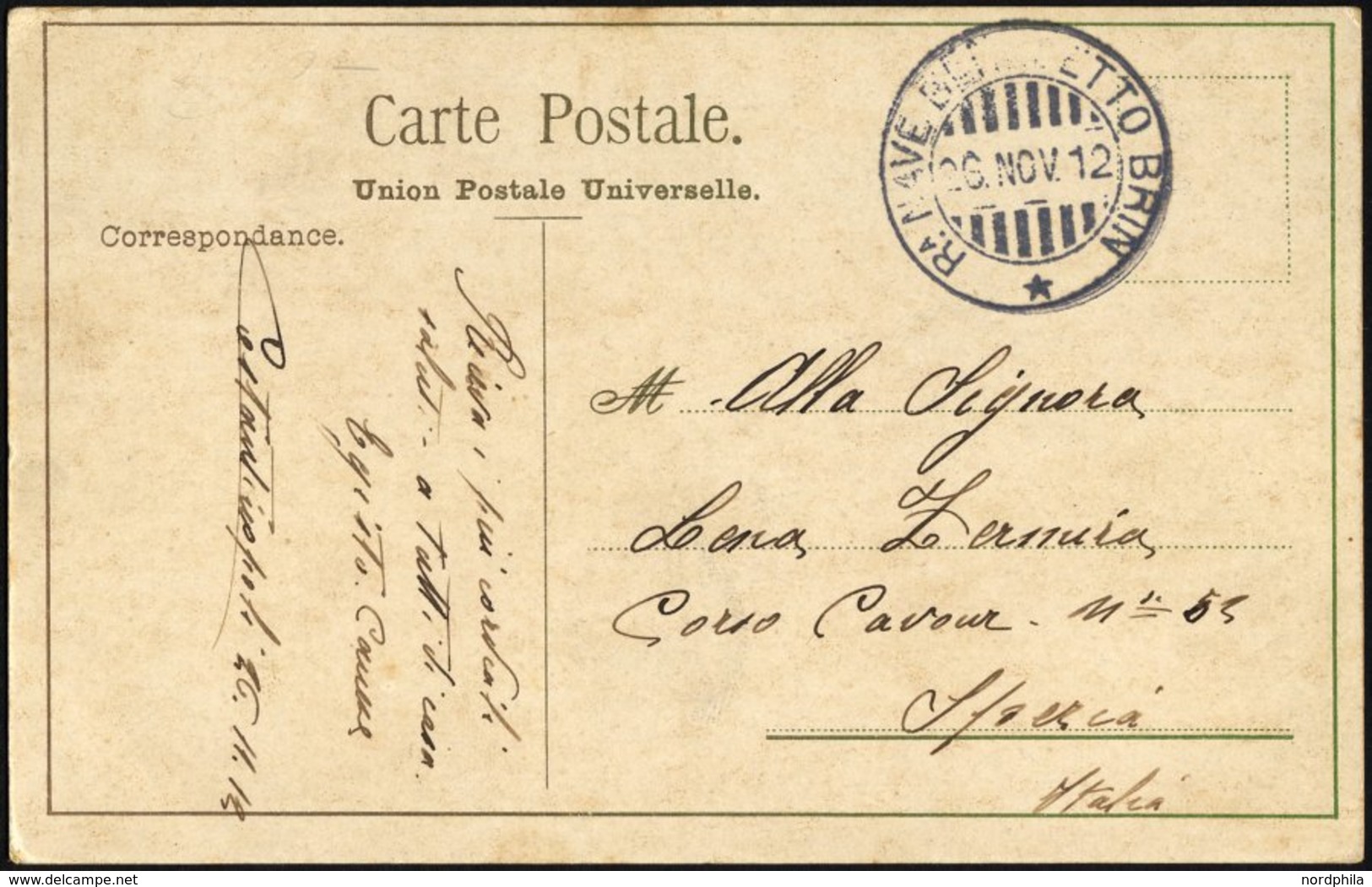 MILITÄRPOST 1912, Schiffseinlieferungsstempel K2 RA.NAVE BENEDETTO BRIN Auf Feldpost-Ansichtskarte, Pracht - Brieven En Documenten