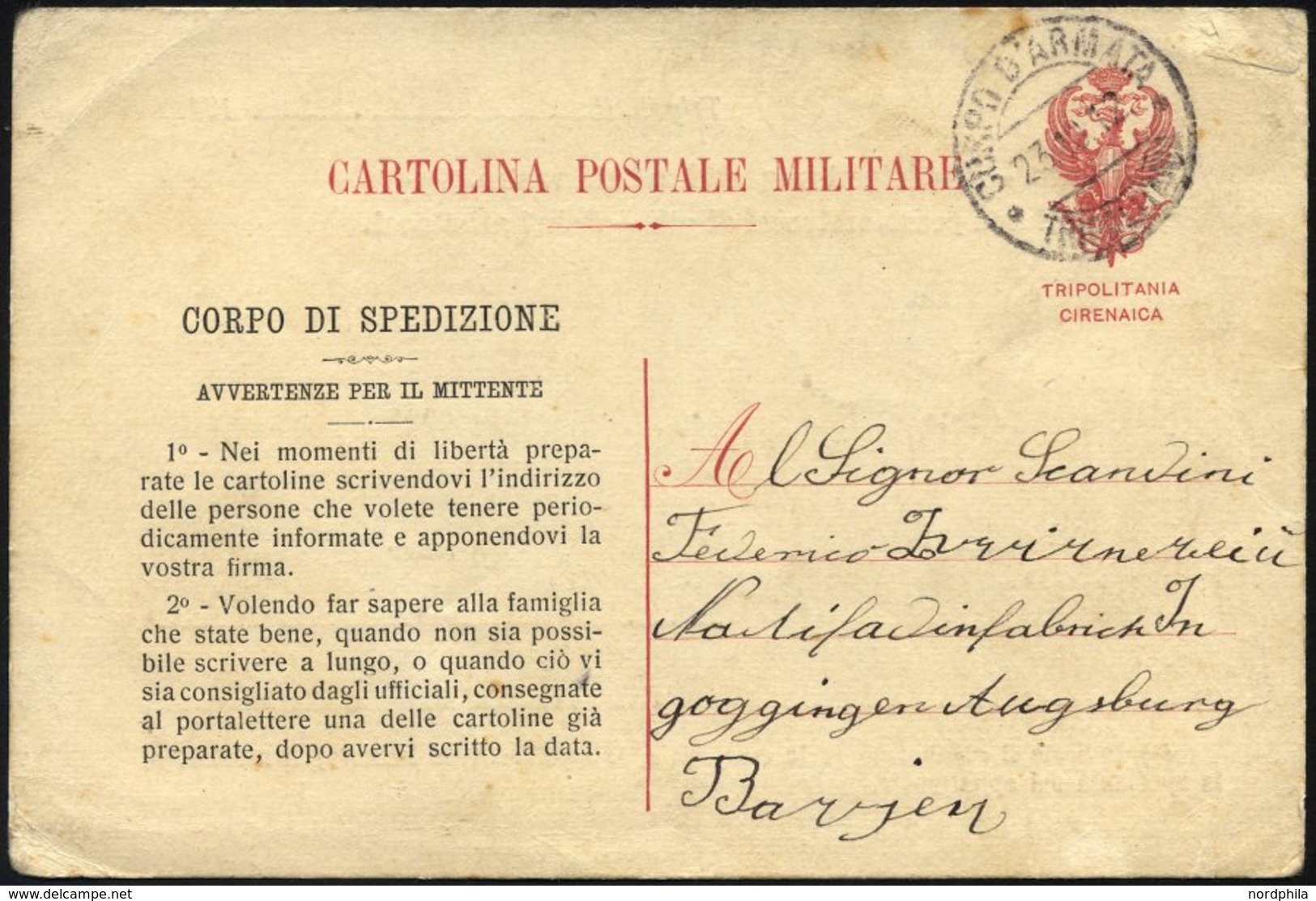 MILITÄRPOST 1912, Feldpoststempel CORPO D`ARMATA TRIPOLITANA Auf Seltener Feldpost-Vordruckkarte, Feinst - Storia Postale
