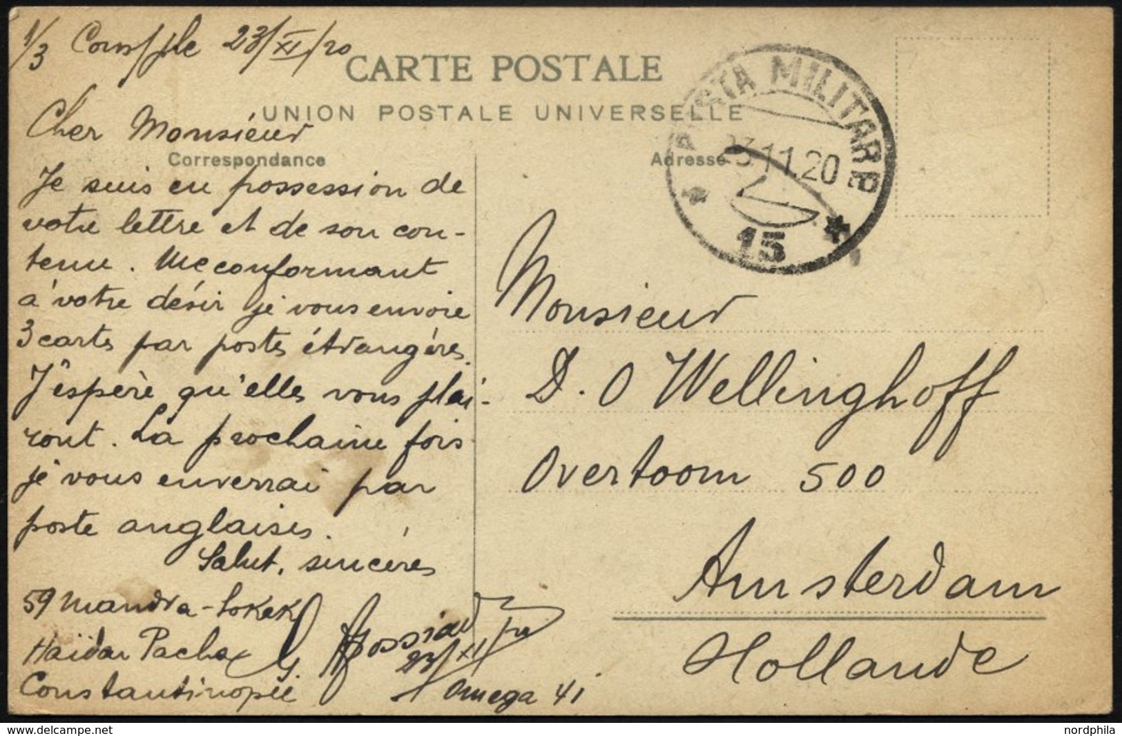 MILITÄRPOST 1920, K2 POSTA MILITARE/No. 15 Auf Feldpost-Ansichtskarte Aus Konstantinopel, Pracht - Storia Postale