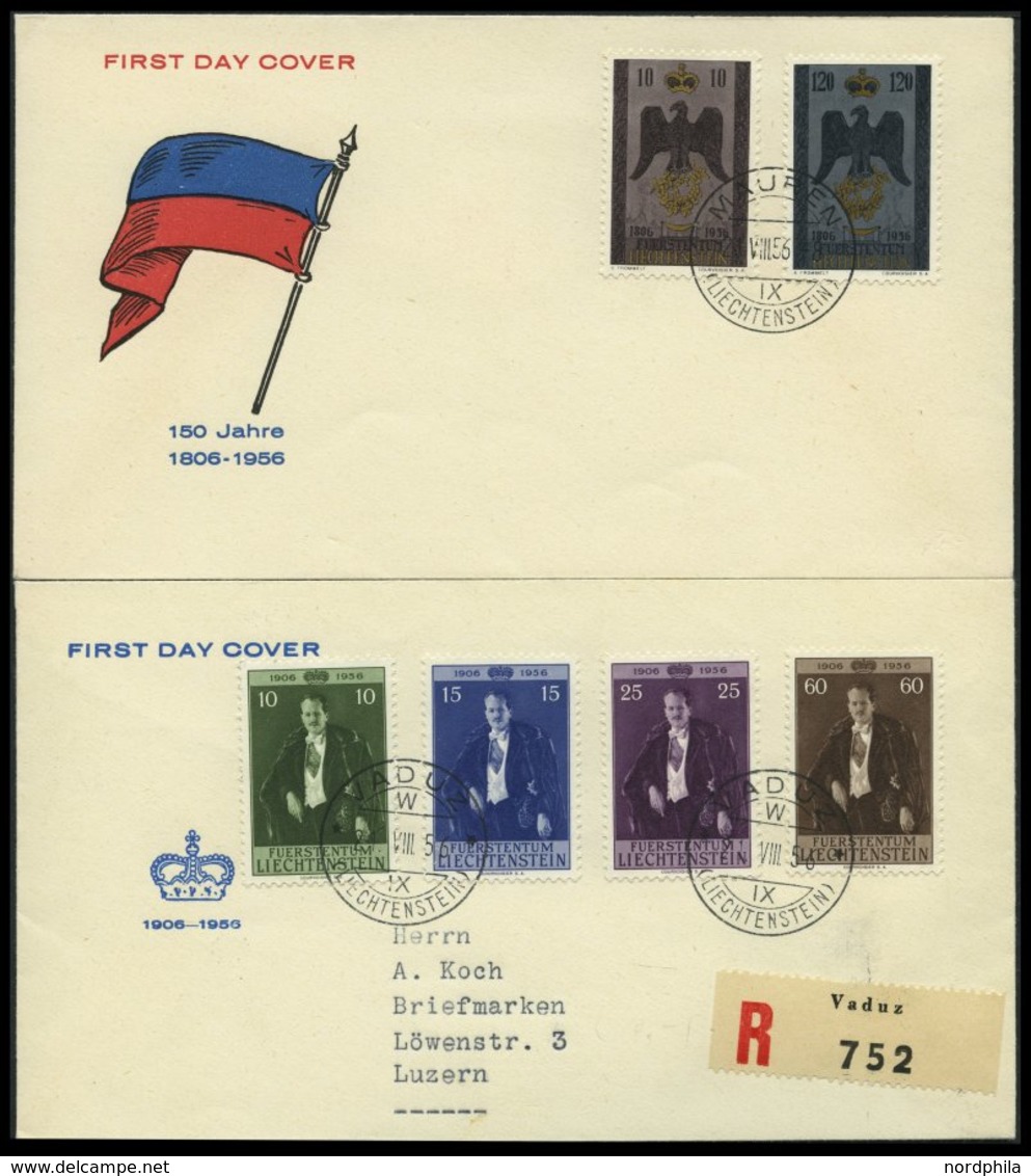 LIECHTENSTEIN 346/7,348-51 BRIEF, 1956, 150 Jahre Liechtenstein Und 50 Geburtstag Franz Josef II Auf 2 FDC`s, Pracht, Mi - Andere & Zonder Classificatie