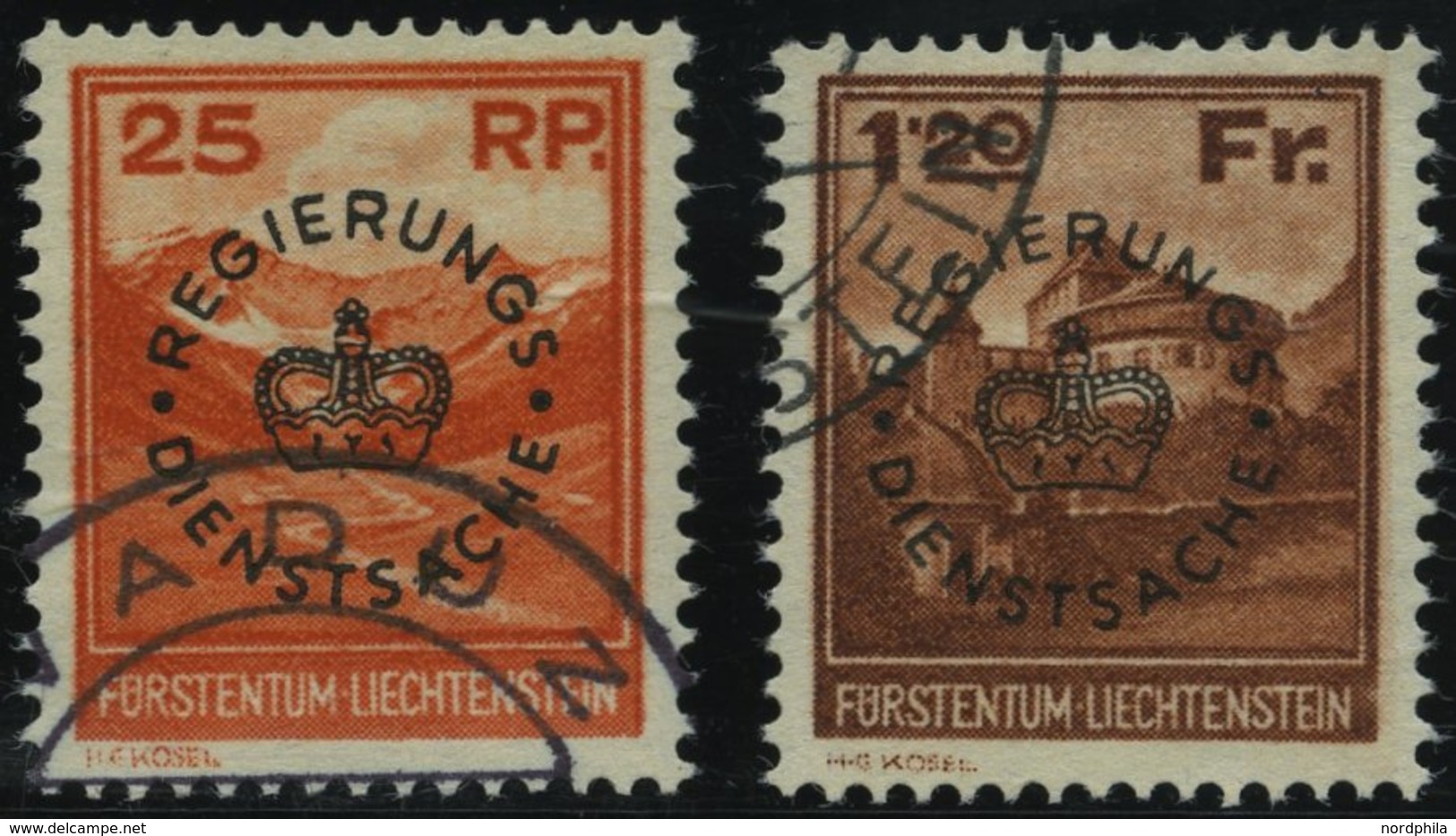 DIENSTMARKEN D 9/10 O, 1933, 25 Rp. Valünatal Und Naafkopf Und 1.20 Fr. Burg Vaduz, 2 Prachtwerte, Mi. 475.- - Dienstzegels