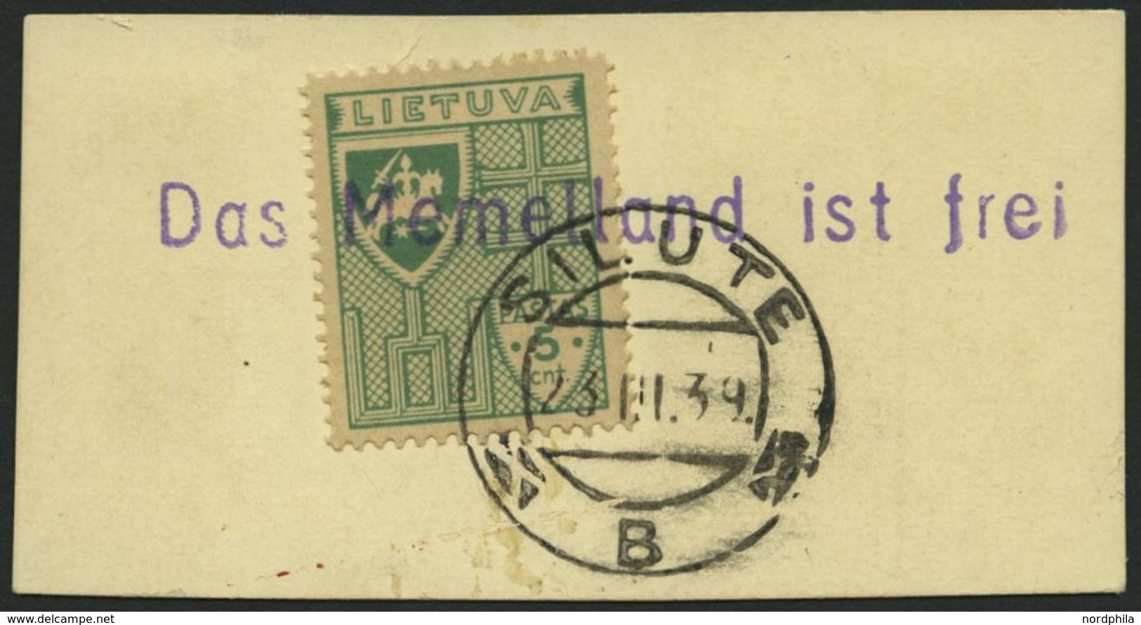 LITAUEN 409 BrfStk, 1939, 5 C. Grün Mit Stempel SILUTE Und Violettem L1 Das Memelland Ist Frei, Prachtbriefstück - Lithuania