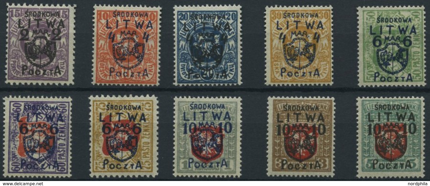 MITTELLITAUEN 4-13 *, 1920, Freimarken, Falzrest, Prachtsatz, R!, Endwerte Gepr. Dr. Esser, Mi. 6500.- - Lituanie