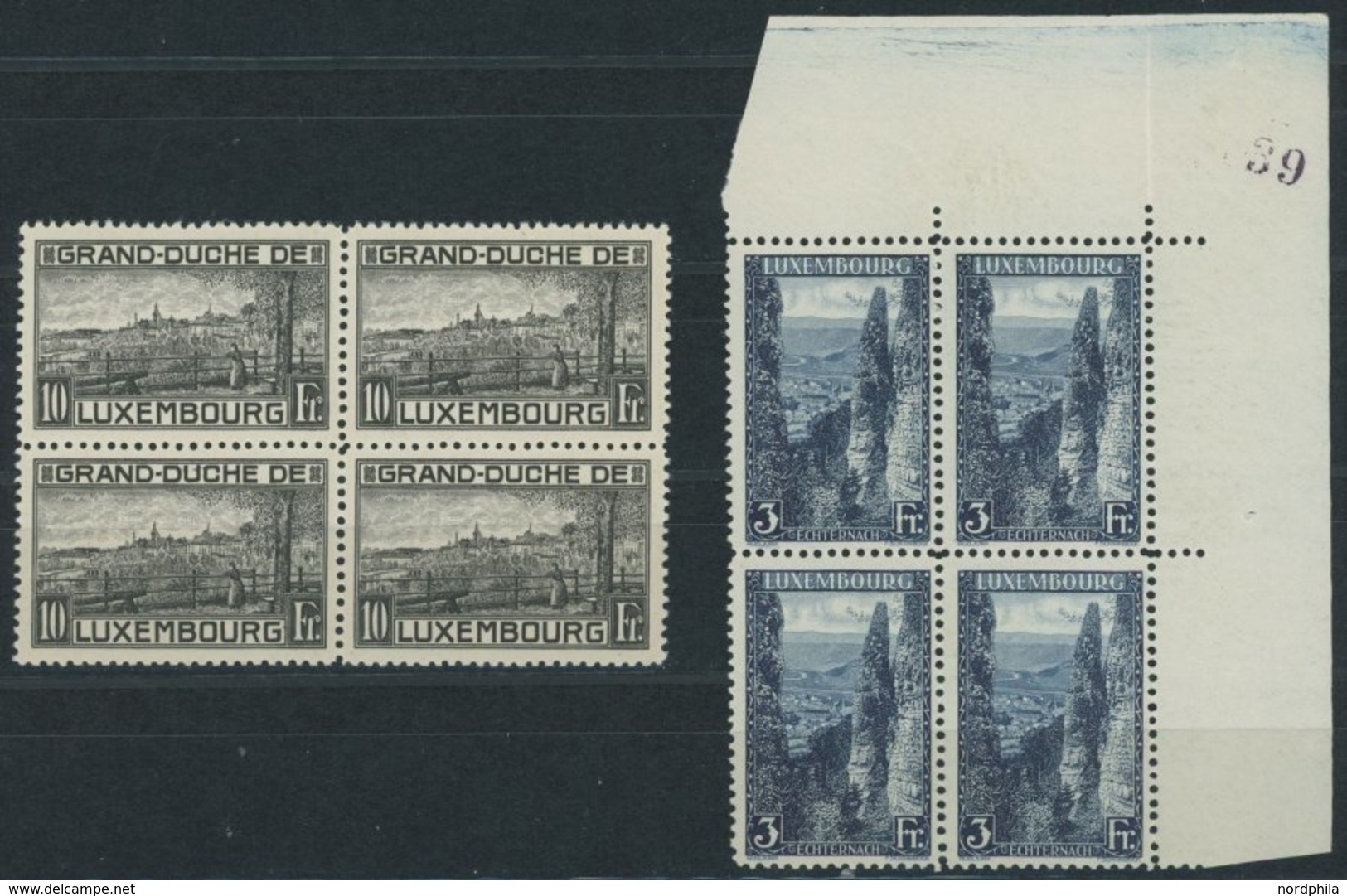 LUXEMBURG 143A,147A VB **, 1923, 10 Und 3 Fr. Landschaften, Gezähnt A, In Viererblocks, Postfrisch, Pracht, Mi. 128.- - Other & Unclassified