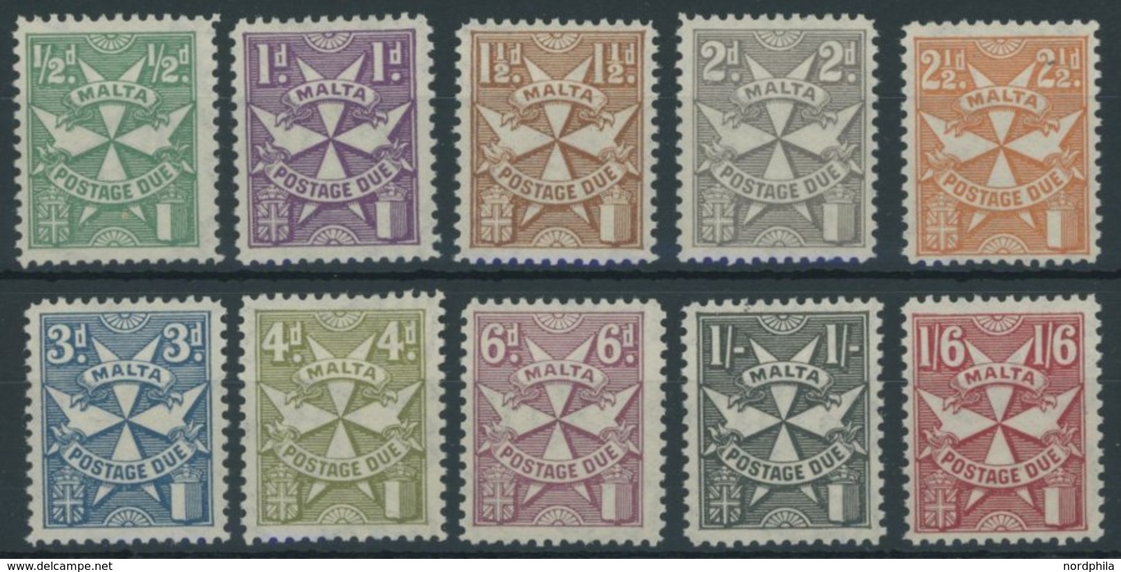 MALTA P 11-20 *, Portomarken: 1925, Malteserkreuz, Falzrest, Prachtsatz - Malta