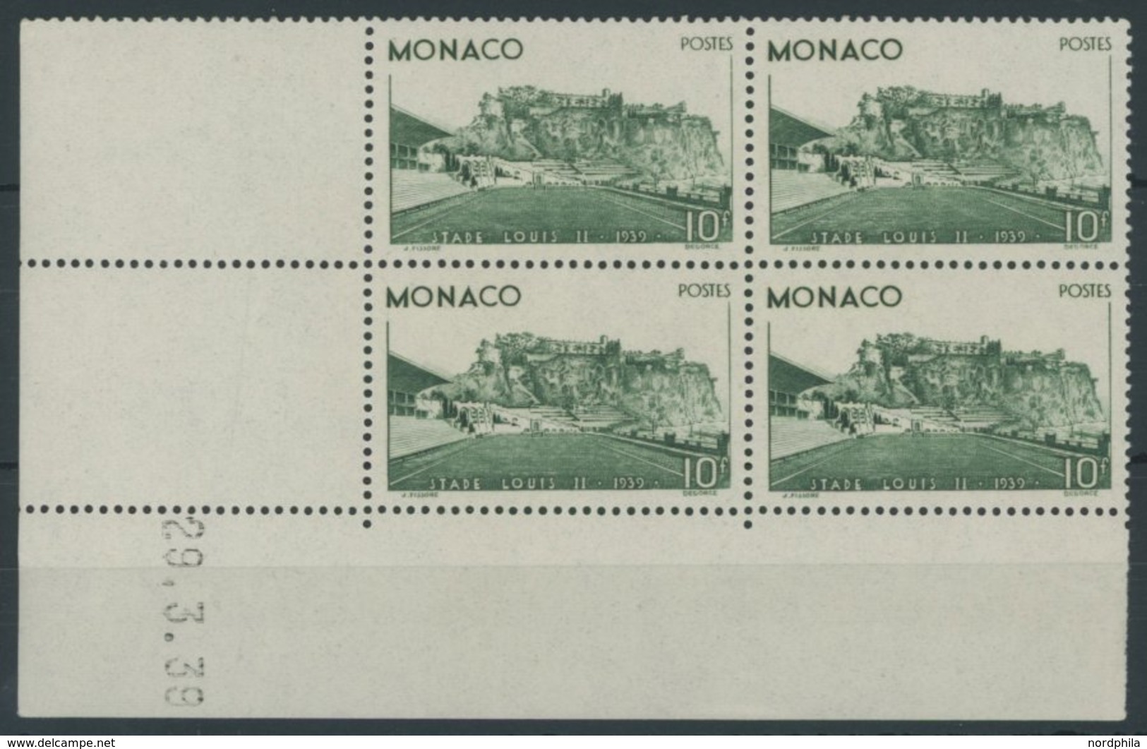 MONACO 189 VB **, 1939, 10 Fr. Louis-II. Stadion Im Viererblock Aus Der Bogenecke Mit Druckdatum, Pracht, Mi. (680.-) - Altri & Non Classificati