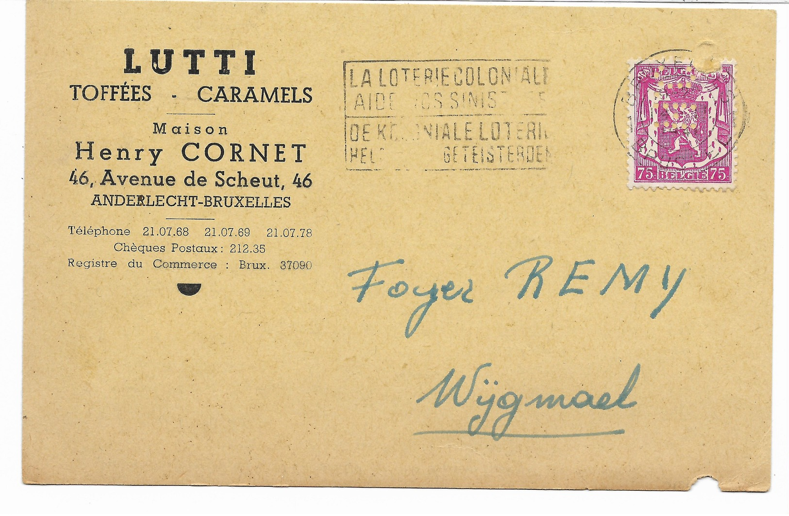 LUTTI  Carte Autorisation -perforé Perfin H.C. Sur Petit Sceau 75 C Rose (abimè Par Une Perforation De Classement)  Voir - 1934-51